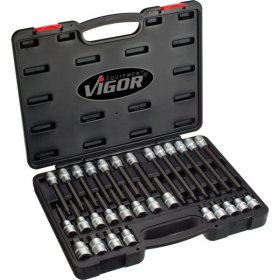 Vigor V1919 Набор торцевых головок 1/2" с шестигранниками (короткие, удлиненные), 30 штук, в кейсе