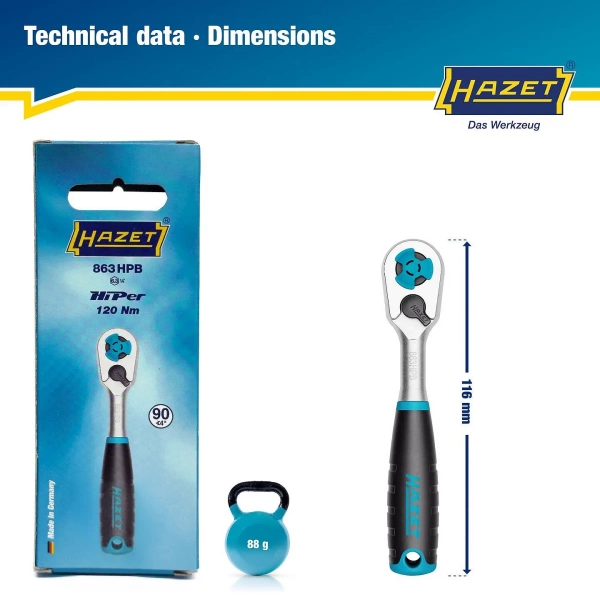 Hazet 863HPB 1/4" Реверсивная трещотка HiPer с мелким зубом для бит. мелкий зуб
