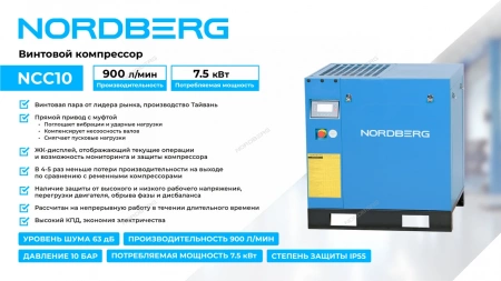 Компрессор винтовой, 7,5 кВт, 10 бар, 900 л/мин, IP55, без ресивера NORDBERG NCC10