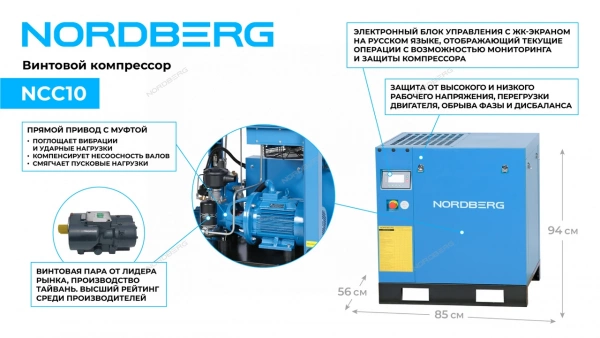 Компрессор винтовой, 7,5 кВт, 10 бар, 900 л/мин, IP55, без ресивера NORDBERG NCC10