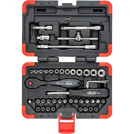 Vigor V2414N Набор торцевых головок, размеры 0,8x4–1,2x7 мм, 1,3–14 мм, PH1–PH3, PZ1–PZ3, T10–T40, 46 штук