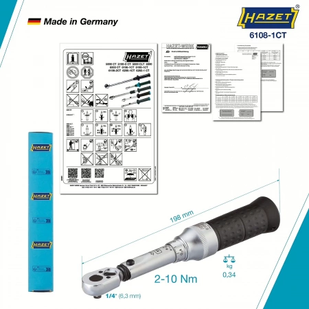 Hazet 6108-1CTCAL 1/4" Динамометрический ключ с сертификатом калибровки DAkkS 2-10 Нм ±2%. С I