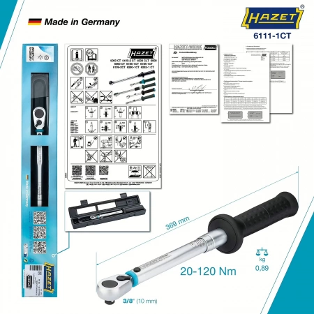 Hazet 6111-1CTCAL 3/8" Динамометрический ключ с сертификатом калибровки DAkkS · 20-120 Нм ±2% Wit