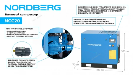 Компрессор винтовой, 15 кВт, 10 бар, 1910 л/мин, IP55, без ресивера NORDBERG NCC20