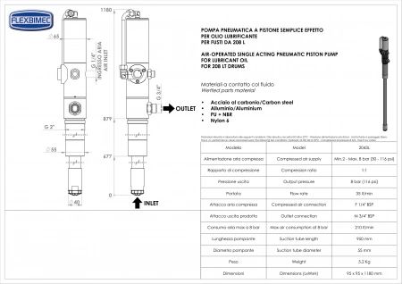 Пневмонасос для масла 1:1, 35 л/мин, шток 950мм для бочек 208л Flexbimec 2043/L