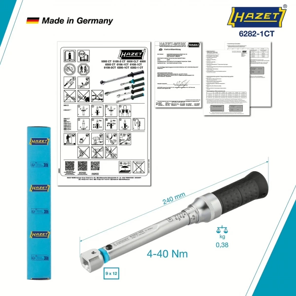 Hazet 6282-1CTCAL Динамометрический ключ 9 x 12 мм с сертификатом калибровки DAkkS ∙ 4 – 40 Нм ∙ ±2%