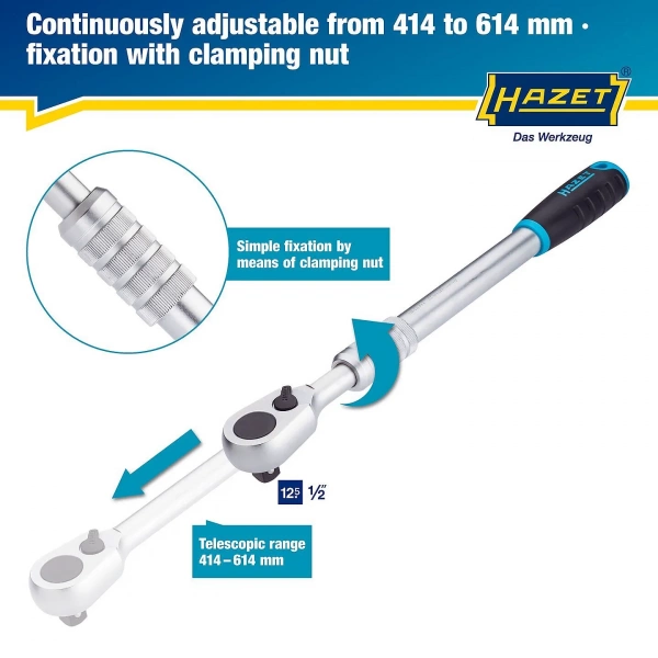 Hazet 916HPLG 1/2" Реверсивная трещотка HiPer с мелким зубом, телескопическая
