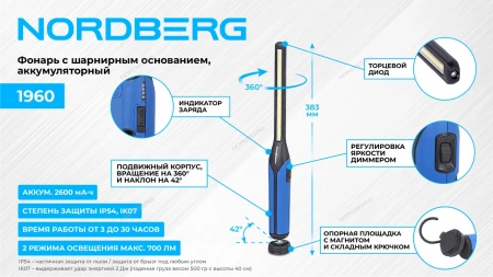Фонарь светодиодный, с шарнирным основанием, аккумуляторный NORDBERG 1960