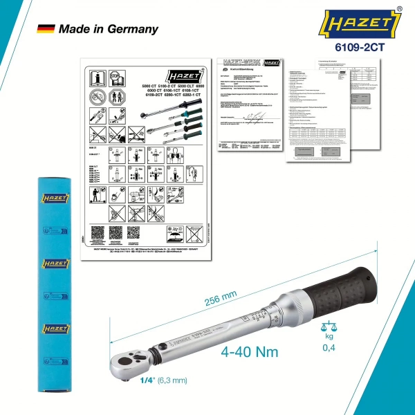 Hazet 6109-2CTCAL 1/4" Динамометрический ключ с сертификатом калибровки DAkkS · 4-40 Нм ±2%. С |