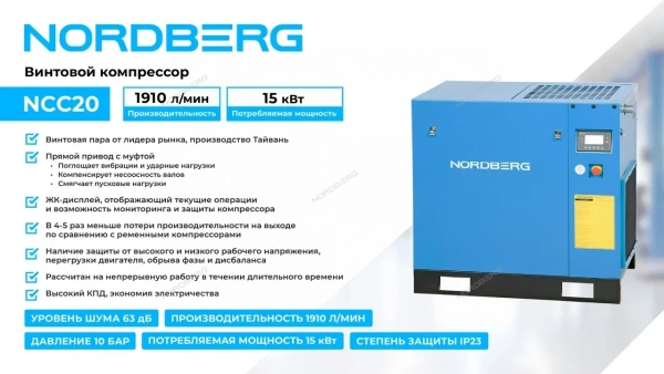 Компрессор винтовой, 15 кВт, 10 бар, 1910 л/мин, IP55, без ресивера NORDBERG NCC20