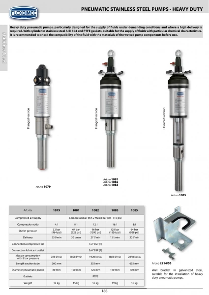 Пневмонасос нерж. сталь Power Bull диссоциированный 8:1, 30 л/мин (PTFE) Flexbimec 1085